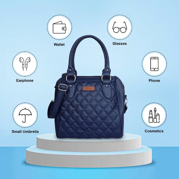 Vegan Leather Women’s Blue Handbag – Top Handle Satchel with Crossbody Strap - Picture 4 of 11